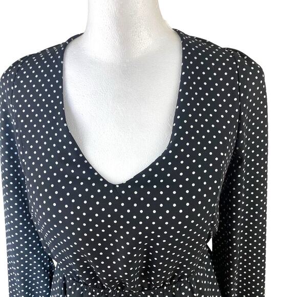 Forever 21 Mini Dress Size M Polka Dot Longsleeve Fit n Flare Open Back Black - Picture 8 of 16